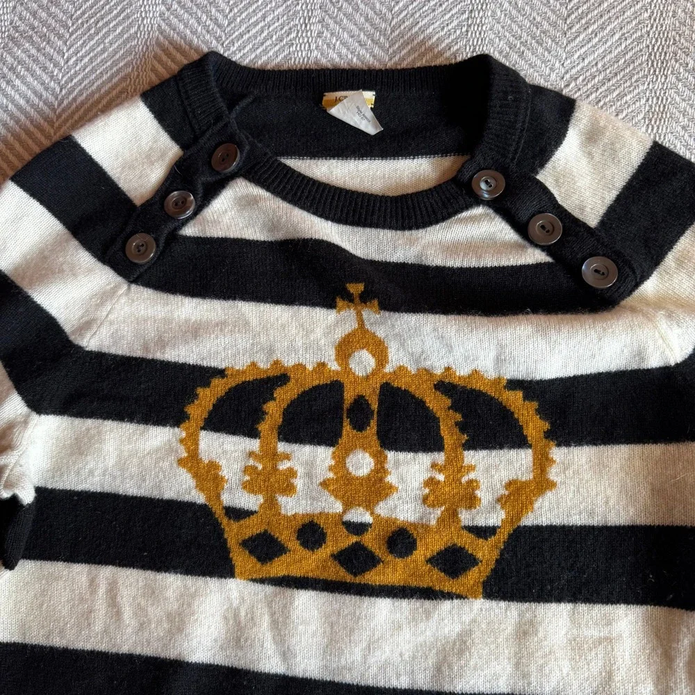 J.Crew 100%‎ Cashmere Striped Crown Sweater Black White Gold Button Shoulder S